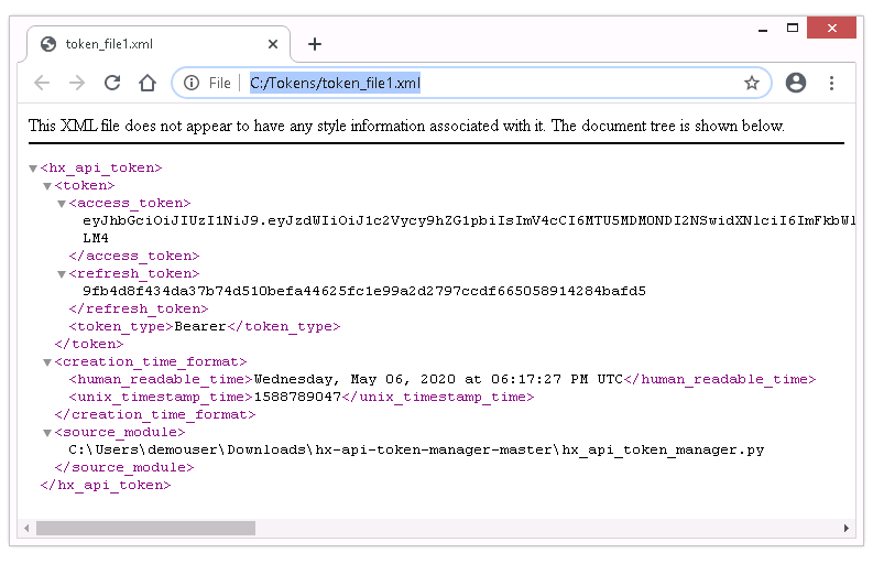 Figure 14 - Sample XML File Created by manage_token_file() Function