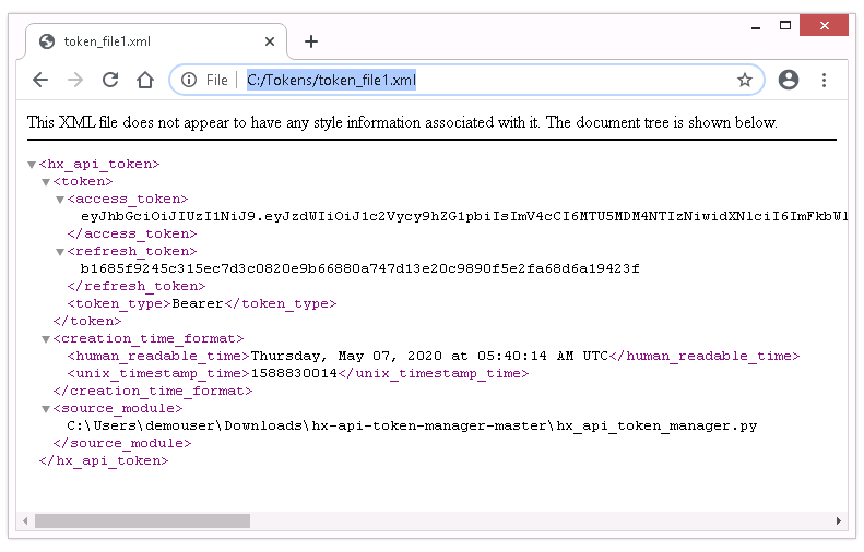 Figure 25 - Sample XML File Created by create_token_file() Function